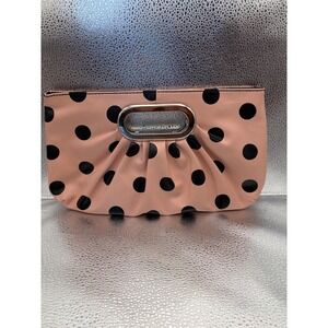 Pink Polka Dot Clutch Bag Silver Metal Handle Pleated Faux Leather Handbag